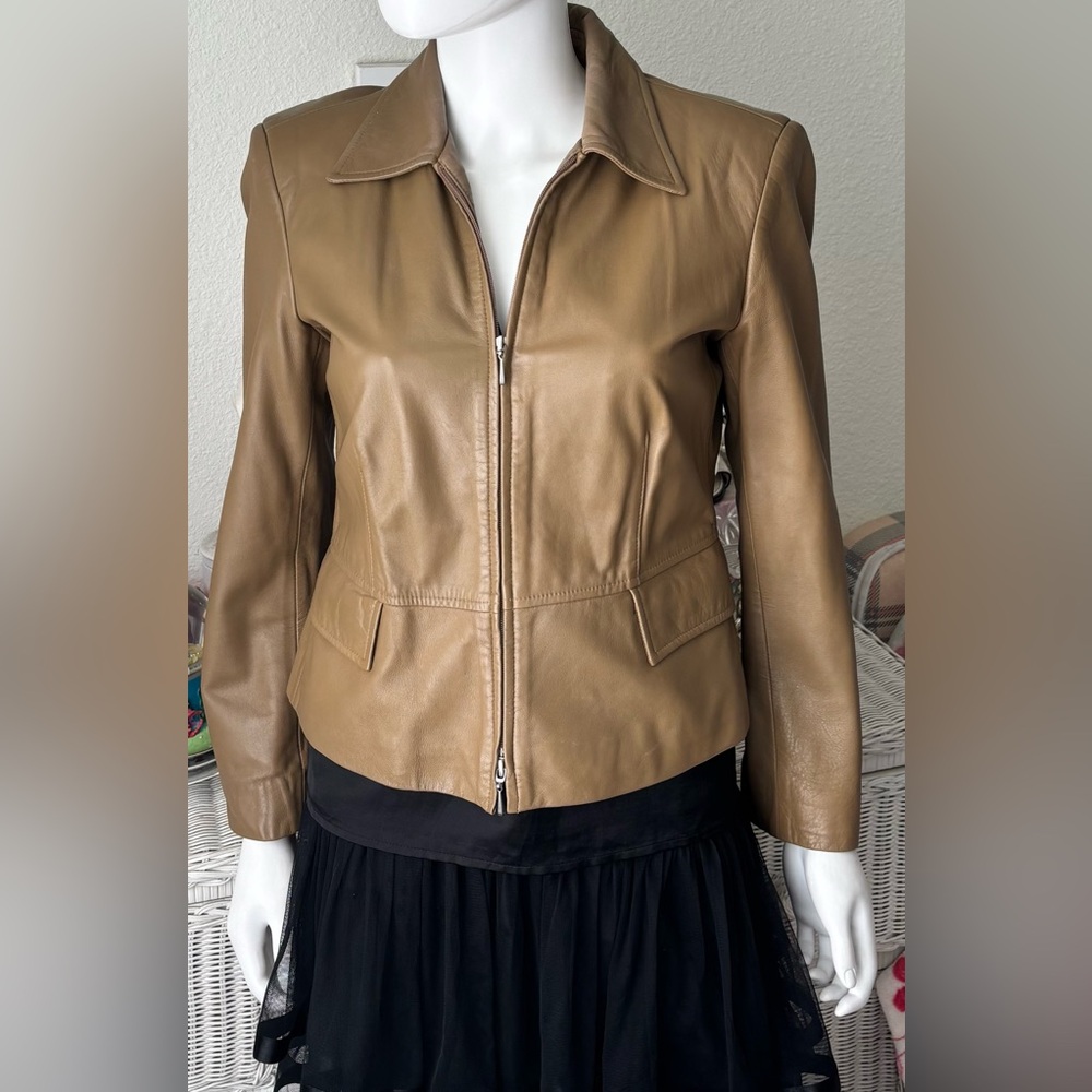 Vintage Liz Claiborne Leather Jacket Slim Fit Wedge Collar Copper Brown Size 8P